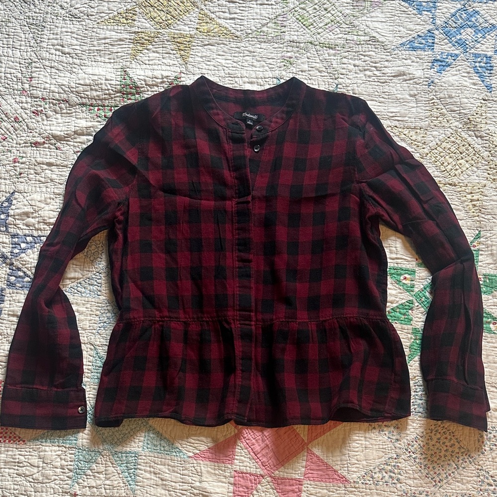 Madewell Burgundy and Black Plaid Peplum Button-Front Blouse